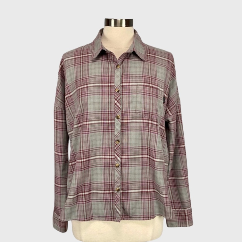 Vans Womens Button Up Shirt Gray Purple Plaid Long Dolman Sleeves size Medium